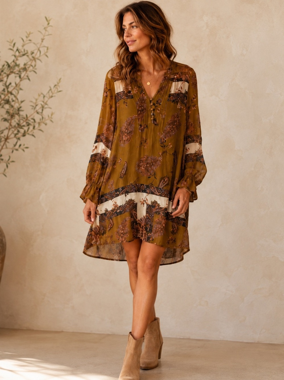100% Viscose Sheer Paisley Boho Tunic Mini Dress EU 38 S/M